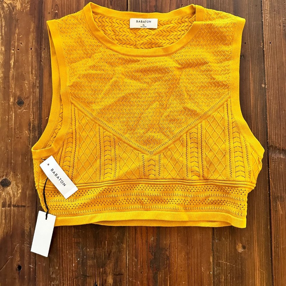 NWT Aritzia (Babaton) Golden Yellow Crop Knit Sleeveless Pointelle Shirt, XL